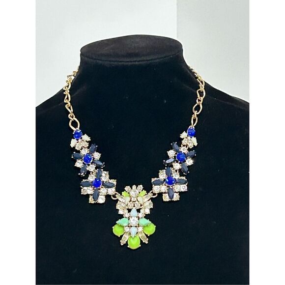 J. Crew Stunning Cluster Statement Necklace Multi Crystals & Gold Chain Signed - Picture 2 of 13